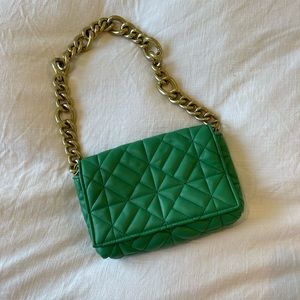 Zara Green Quilted Shoulder Bag with Gold Chain